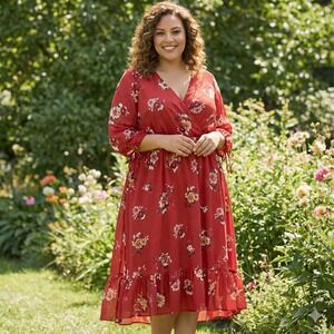 Torrid Floral Dress Plus Size 4X Midi Surplice Ruffle Cottagecore Faux Wrap New